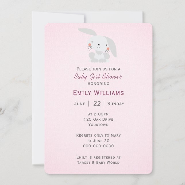Baby Girl Shower With Bunny Invitation (Front)
