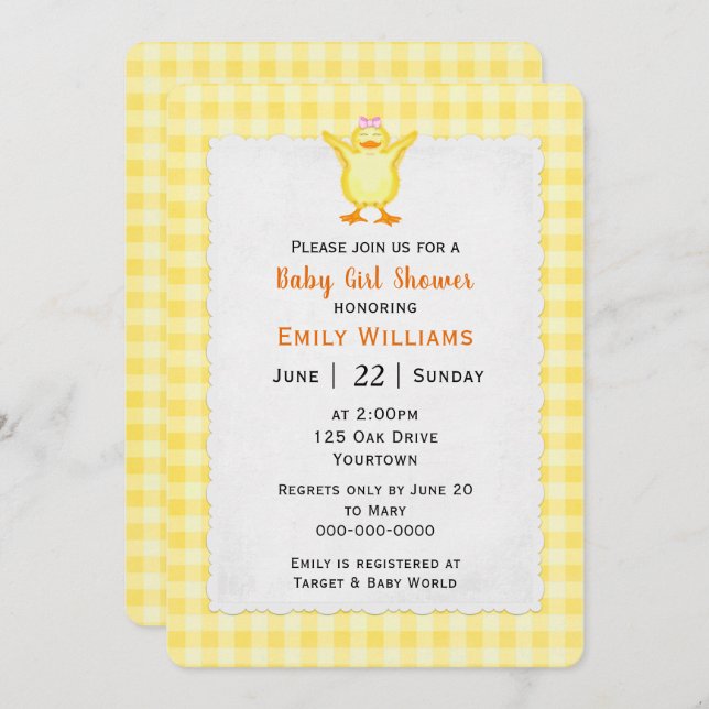 Baby Girl Shower With Duckling Invitation (Front/Back)