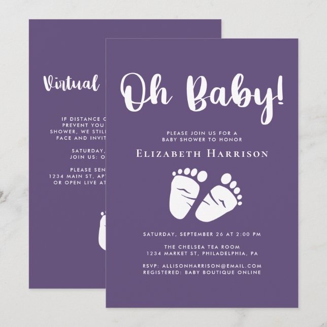 Baby Girl Shower with Virtual Online Option Purple Invitation (Front/Back)