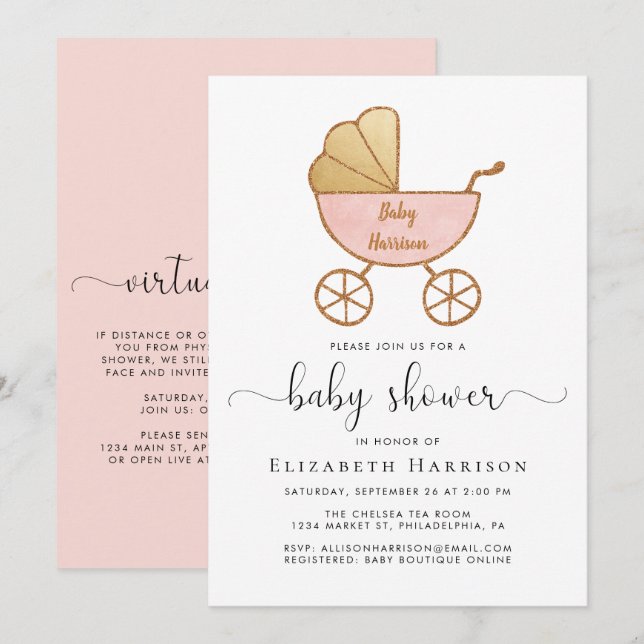 Baby Girl Shower With Virtual Option Pink Invitation (Front/Back)