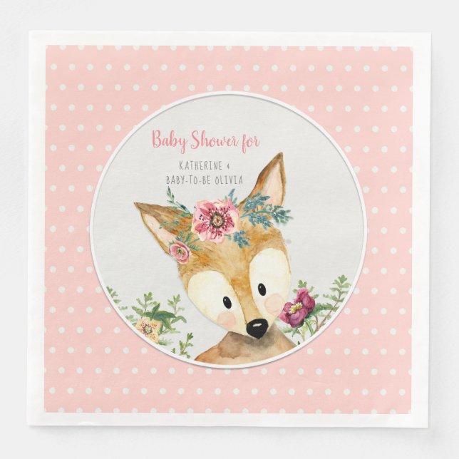 Baby Girl Shower Woodland Animal Boho Deer Flowers Napkin (Front)