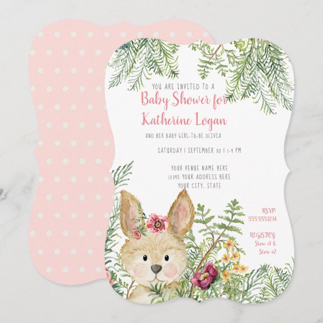 Baby Girl Shower Woodland Animal Rabbit Floral Art Invitation (Front/Back)