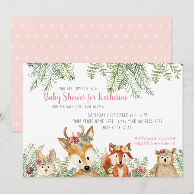 Baby Girl Shower Woodland Animals Boho Deer n Fox Invitation (Front/Back)
