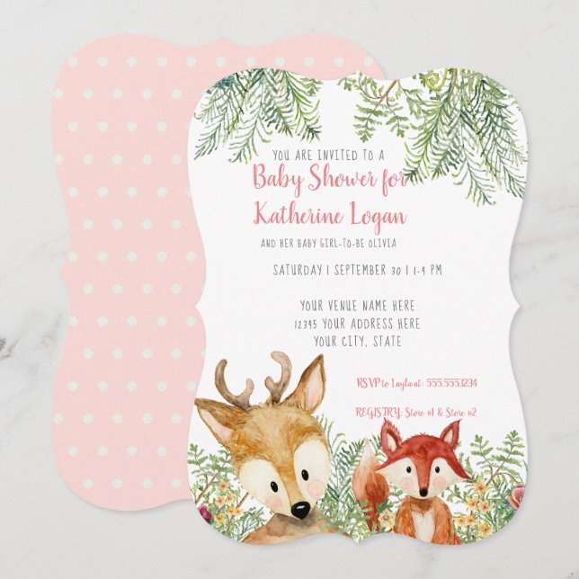 Baby Girl Shower Woodland Animals Boho Deer n Fox Invitation (Front/Back)