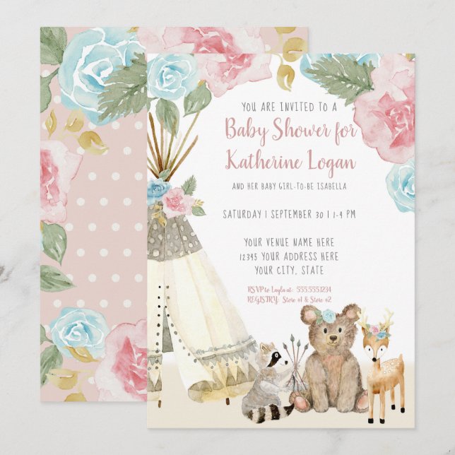 Baby Girl Shower Woodland Bear Deer Floral Teepee Invitation (Front/Back)