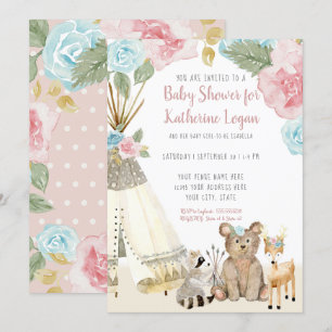 Baby Girl Shower Woodland Bear Deer Floral Teepee Invitation