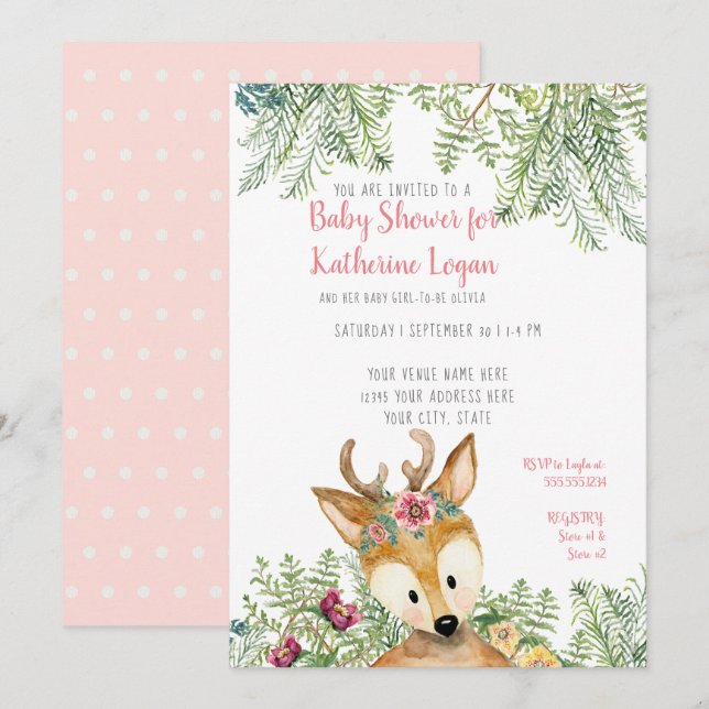 Baby Girl Shower Woodland Forest Boho Deer Floral Invitation (Front/Back)