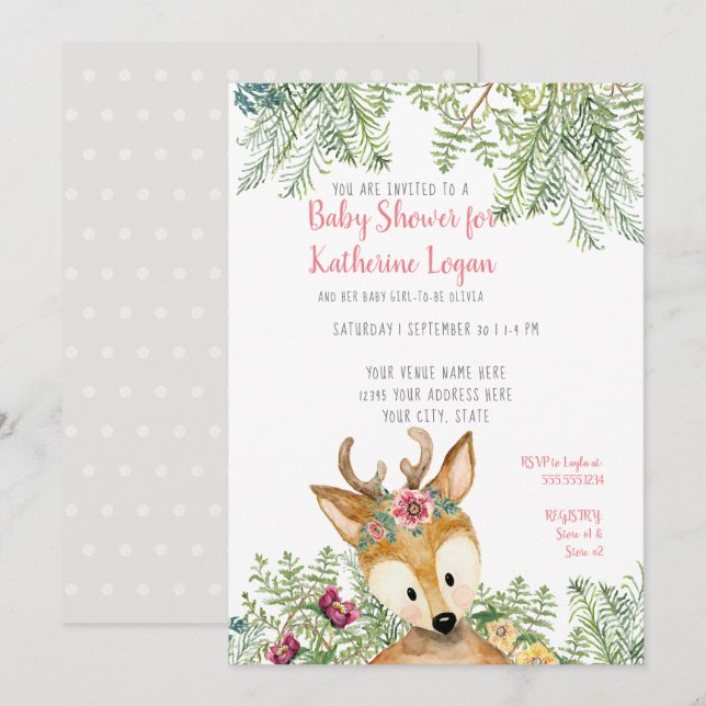 Baby Girl Shower Woodland Forest Grey Deer Floral Invitation (Front/Back)