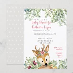 Baby Girl Shower Woodland Forest Grey Deer Floral Invitation