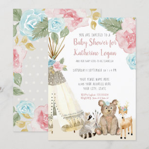 Baby Girl Shower Woodland Grey Deer Floral Teepee Invitation