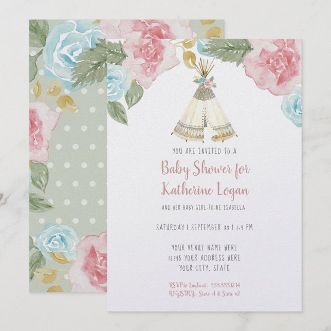 Baby Girl Shower Woodland Mint Floral Watercolor Invitation (Front/Back)