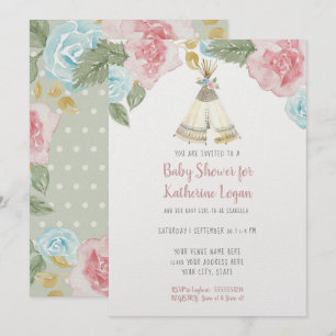 Baby Girl Shower Woodland Mint Floral Watercolor Invitation