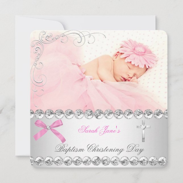 Baby Girl Silver Pink Christening Baptism Cross Announcement (Front)