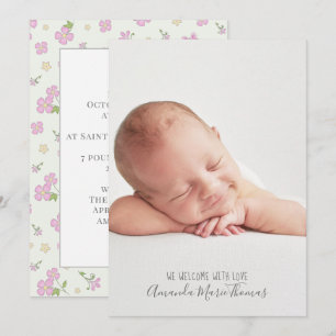 Baby GIrl Simple Cute Whimsical Floral Photo Pink Announcement