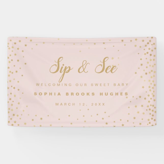 Baby Girl Sip N See Soft Pink & Gold Stars Welcome Banner (Horizontal)