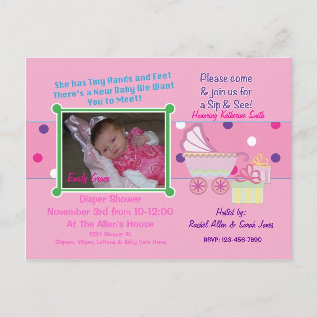 Baby Girl Sip & See Shower Postcard (Front)
