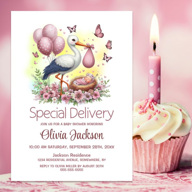 Baby Girl Special Delivery Stork Baby Shower Invitation (Creator Uploaded)