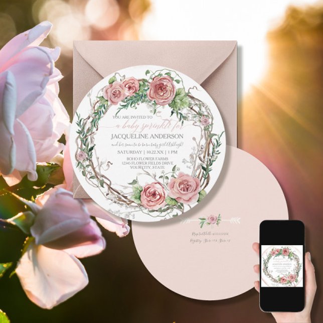 Baby Girl Sprinkle BOHO Watercolor Flower Wreath Invitation (Creator Uploaded)