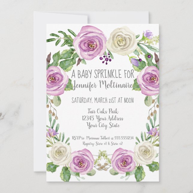 Baby Girl Sprinkle Shower Lavender n White Floral Invitation (Front)