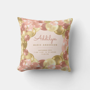 Baby Girl Stats Pink Balloons Cushion
