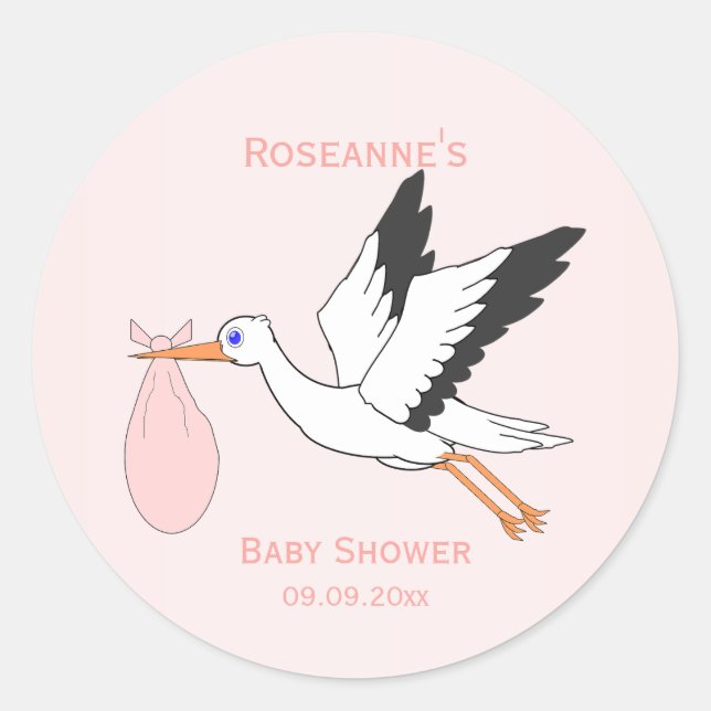 Baby Girl Stork Design Baby Shower Classic Round Sticker (Front)