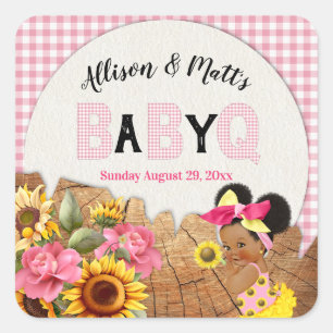 Baby Girl Sunflower Pink Check Wood Baby Q BBQ Square Sticker