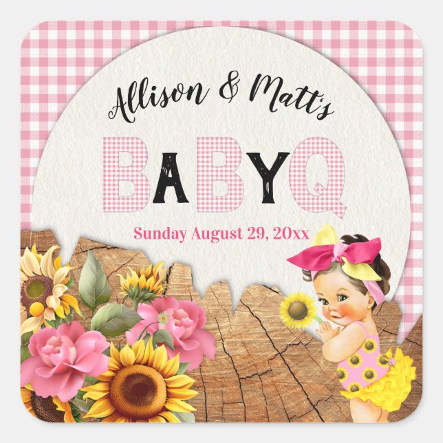 Baby Girl Sunflower Pink Check Wood Baby Q BBQ Square Sticker (Front)