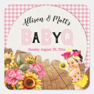 Baby Girl Sunflower Pink Check Wood Baby Q BBQ Square Sticker