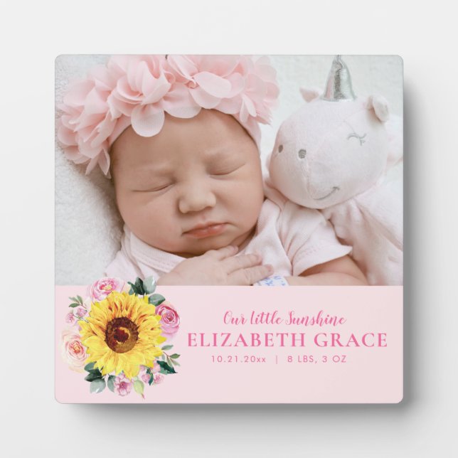 Baby Girl Sunflower Pink Floral Personalised Photo Plaque (Front)