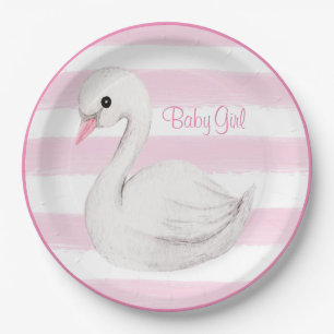 Baby Girl Swan Girly Pink Script Baby Shower Paper Plate