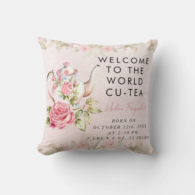 Baby Girl Teapot Keepsake Birth Stats Cushion (Front)