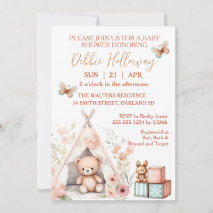 Baby Girl Teddy Bear in Teepee Baby Shower Invitation