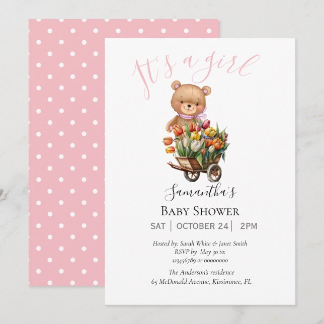 baby girl teddy bear invitation (Front/Back)