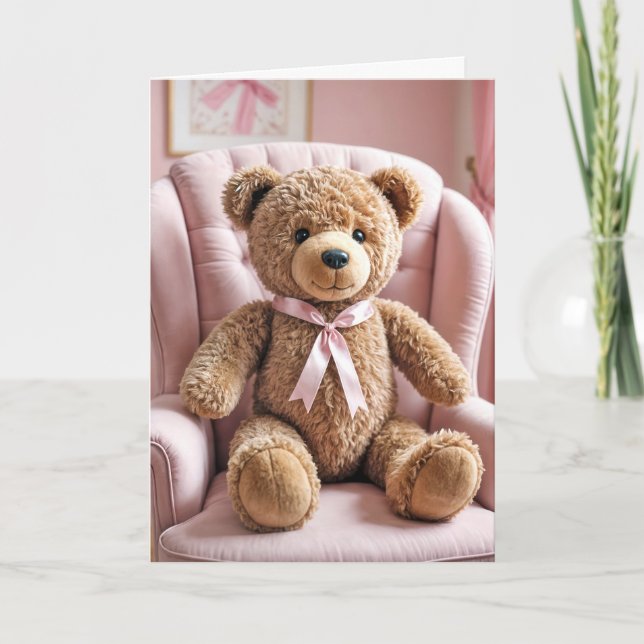 Baby Girl Teddy Bear With Pink Bow Card (Front)