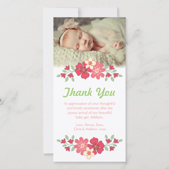 Baby Girl Thank You Flowers Photo Card Template (Front)