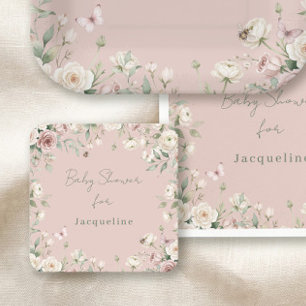 Baby Girl to Bee Pastel Pink Rose Floral Shower Square Paper Coaster