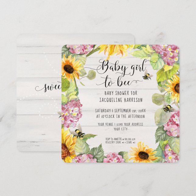 Baby Girl to Bee Sunflower Pink Hydrangeas Shower  Invitation (Front/Back)