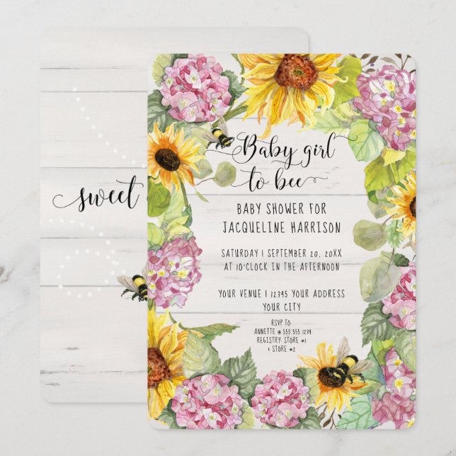Baby Girl to Bee Sunflower Pink Hydrangeas Shower  Invitation (Front/Back)
