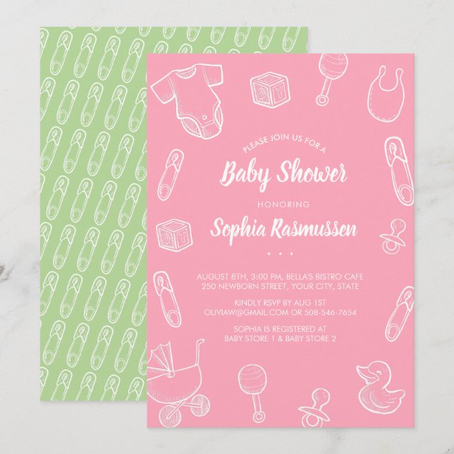 Baby Girl Toys Clothes Pink Baby Shower Invitation (Front/Back)