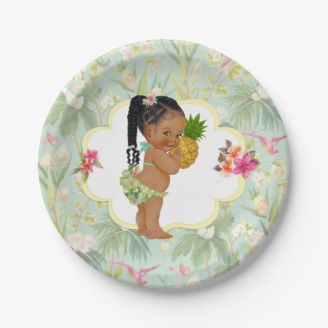 Baby Girl Tropical Hawaiian Luau Hibiscus Braids Paper Plate (Front)