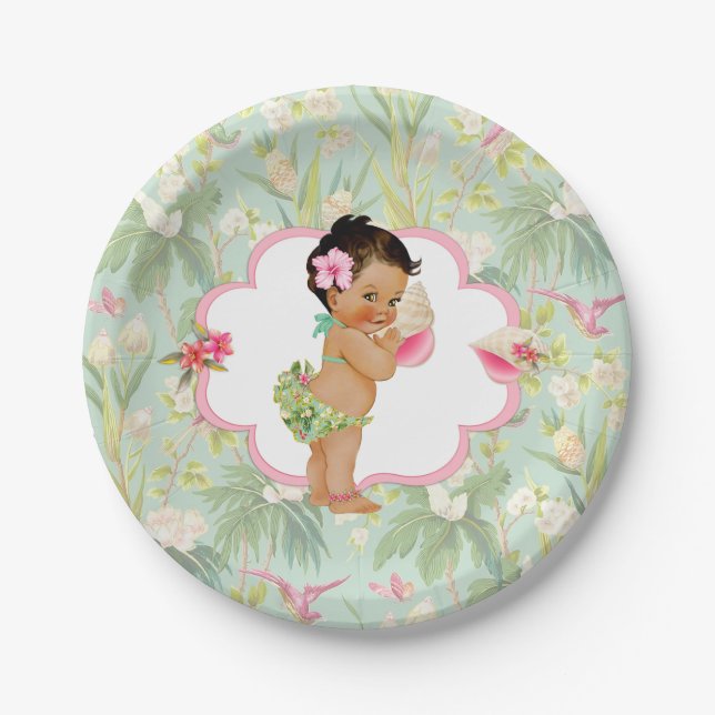 Baby Girl Tropical Hawaiian Luau Hibiscus  Paper Plate (Front)