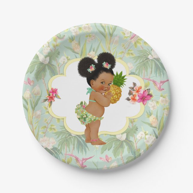 Baby Girl Tropical Hawaiian Luau Hibiscus Puffs Paper Plate (Front)
