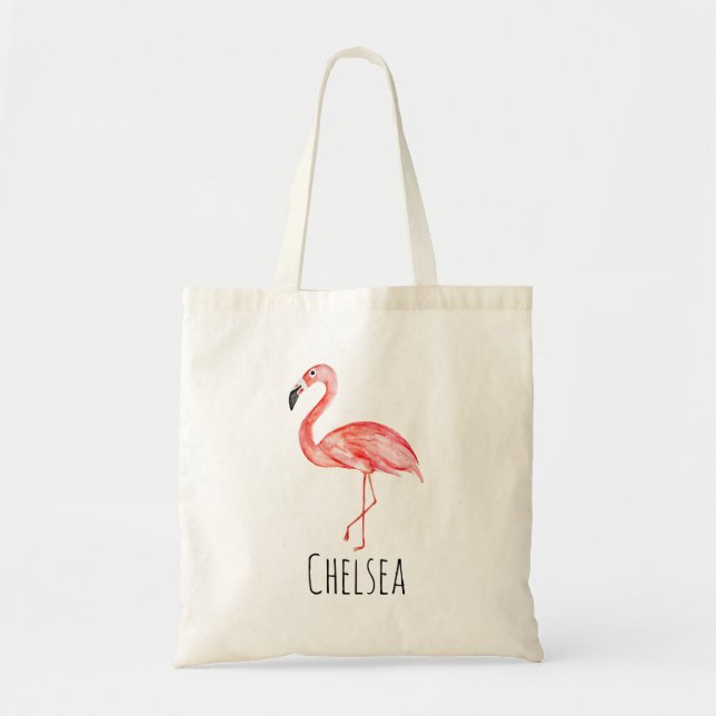 Baby Girl Tropical Watercolor Flamingo Name Diaper Tote Bag (Front)