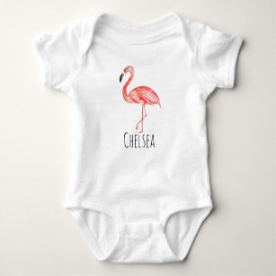 Baby Girl Tropical Watercolor Pink Flamingo Name Baby Bodysuit