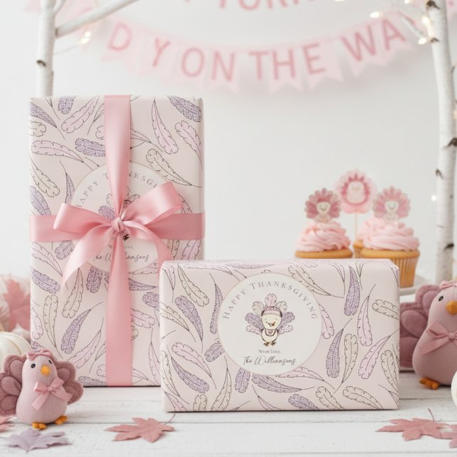 Baby Girl Turkey & Feathers Happy Thanksgiving Wrapping Paper (Cute Baby Girl Happy Thanksgiving Fall Wrapping Paper. Little Turkey, Pink & Purple Feather Pattern)