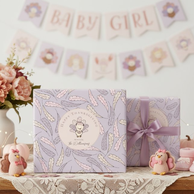 Baby Girl Turkey & Feathers Happy Thanksgiving Wrapping Paper (Cute Baby Girl Happy Thanksgiving Fall Wrapping Paper. Little Turkey, Pink & Purple Feather Pattern)
