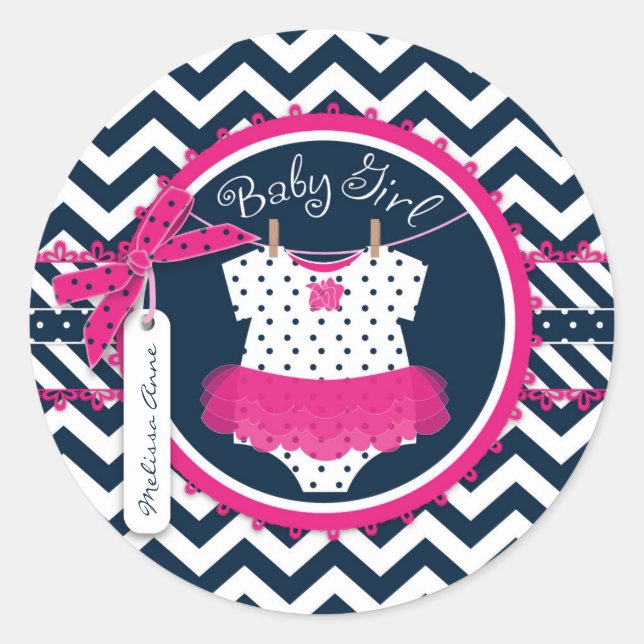Baby Girl Tutu Chevron Print Baby Shower Classic Round Sticker (Front)