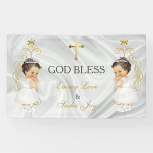 Baby Girl Twins Baptism Christening Gold Banner