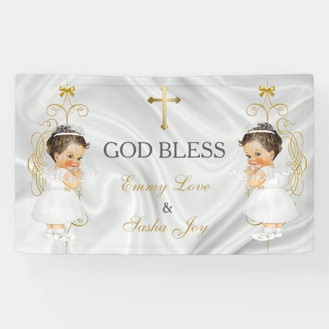 Baby Girl Twins Baptism Christening Gold Banner (Horizontal)