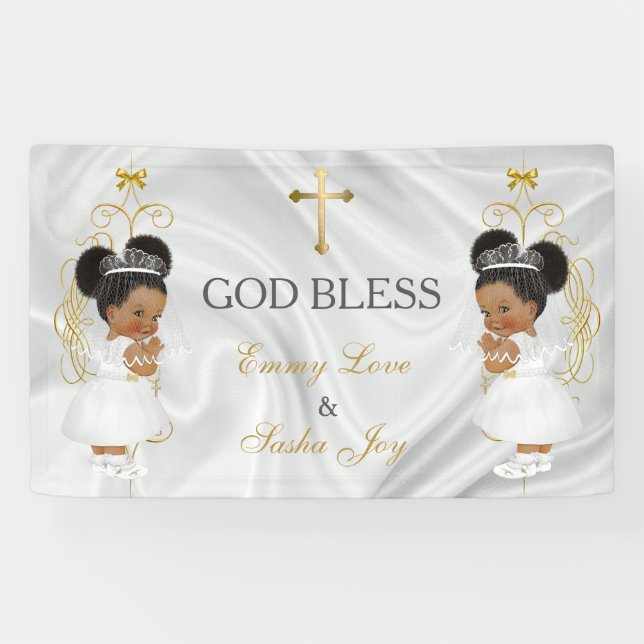 Baby Girl Twins Baptism Christening Gold Ethnic Banner (Horizontal)